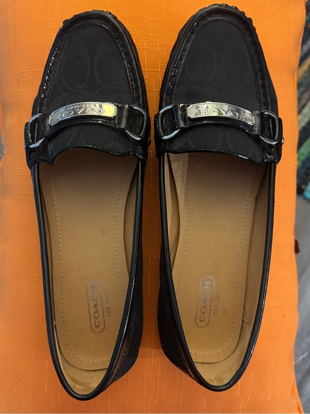 Coach Black Signature Logo Slip-On Loafers with Silver Hardware